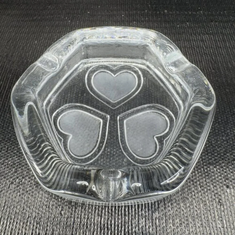 Vintage Scandinavian Clear Glass Dish Bowl Ashtray With Frosted Satin Hearts VTG